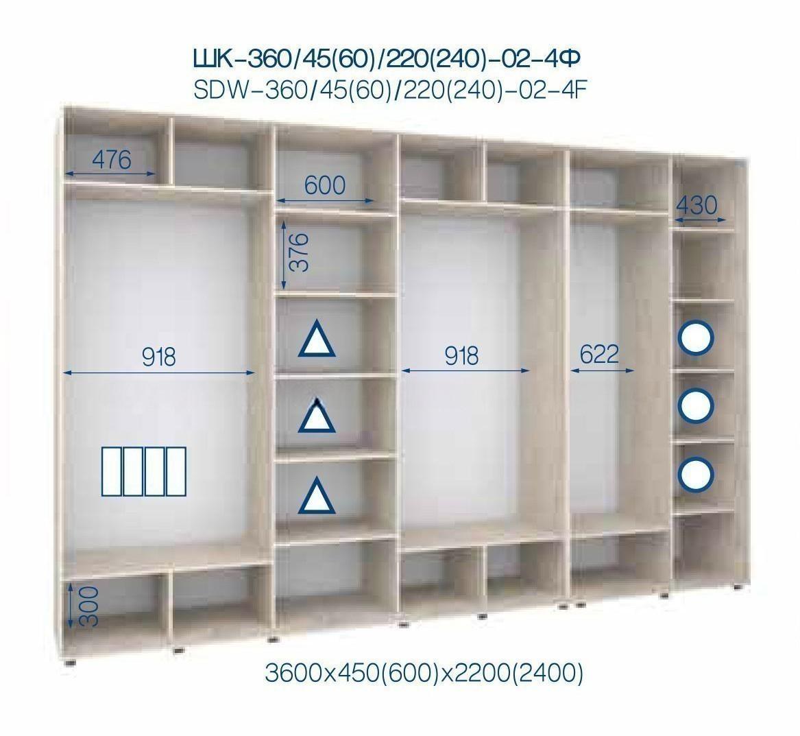 Шкаф-купе 02-4Ф 3600*450*2400 4-х дверный