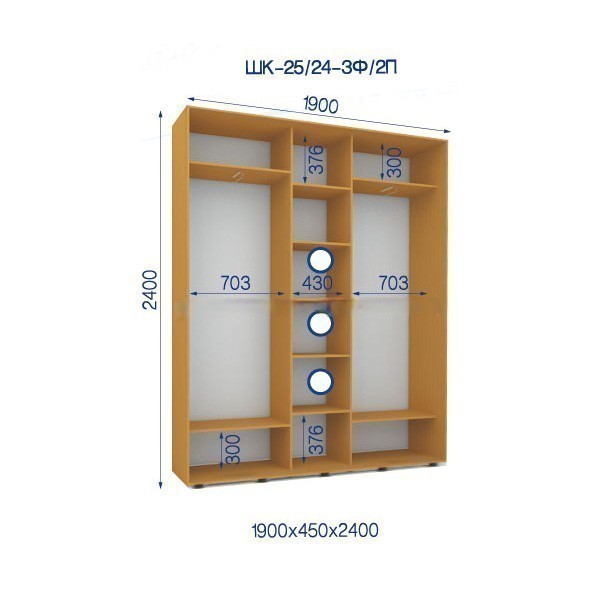 Шкаф-купе 25/24-3Ф/2П-1900*450*2400 3-х дверный из ДСП