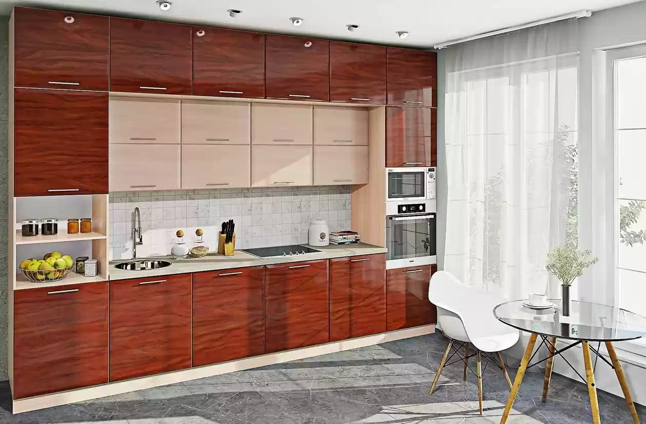 Кухня Хайтек горизонталь дуб молочный/кальвадос глянец 2,6м