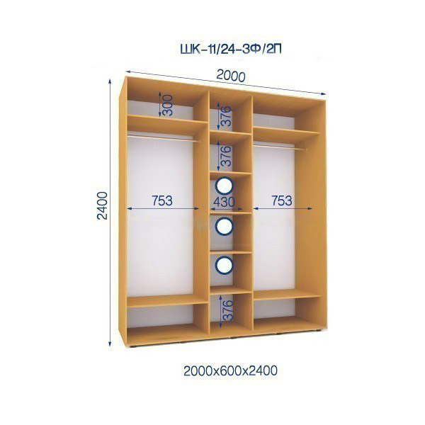 Шкаф-купе 11/24-3Ф/2П-2000*600*2400 3-х дверный