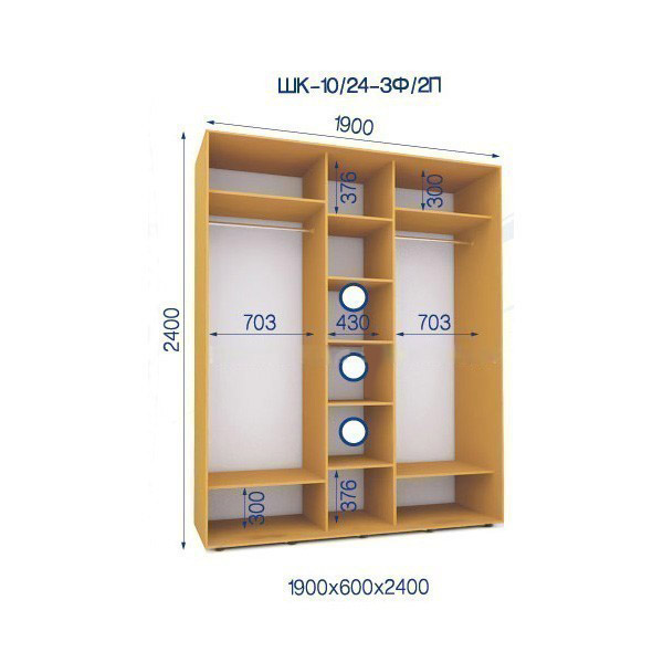 Шкаф-купе 10/24-3Ф/2П-1900*600*2400 3-х дверный