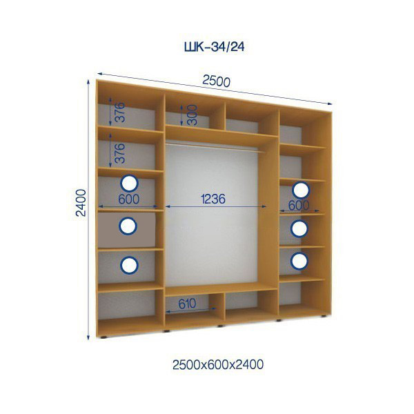 Шкаф-купе 34/24-3Ф-2500*600*2400 3-х дверный из ДСП
