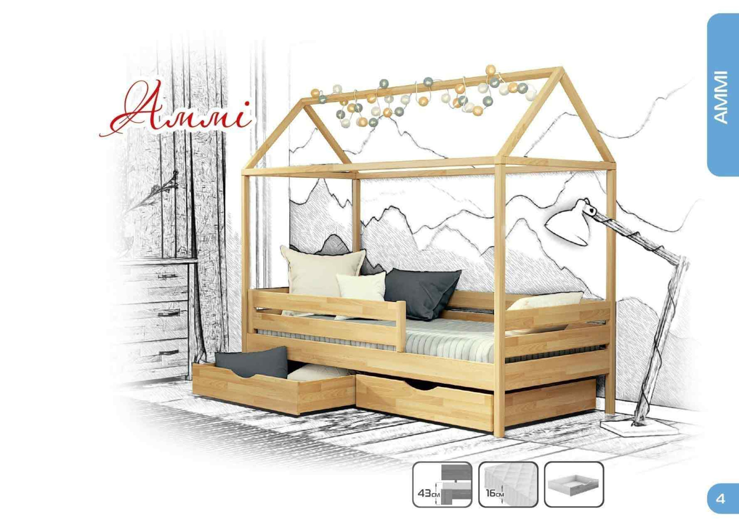 Дерев'яне ліжко-будиночок у щиті Аммі 90х200